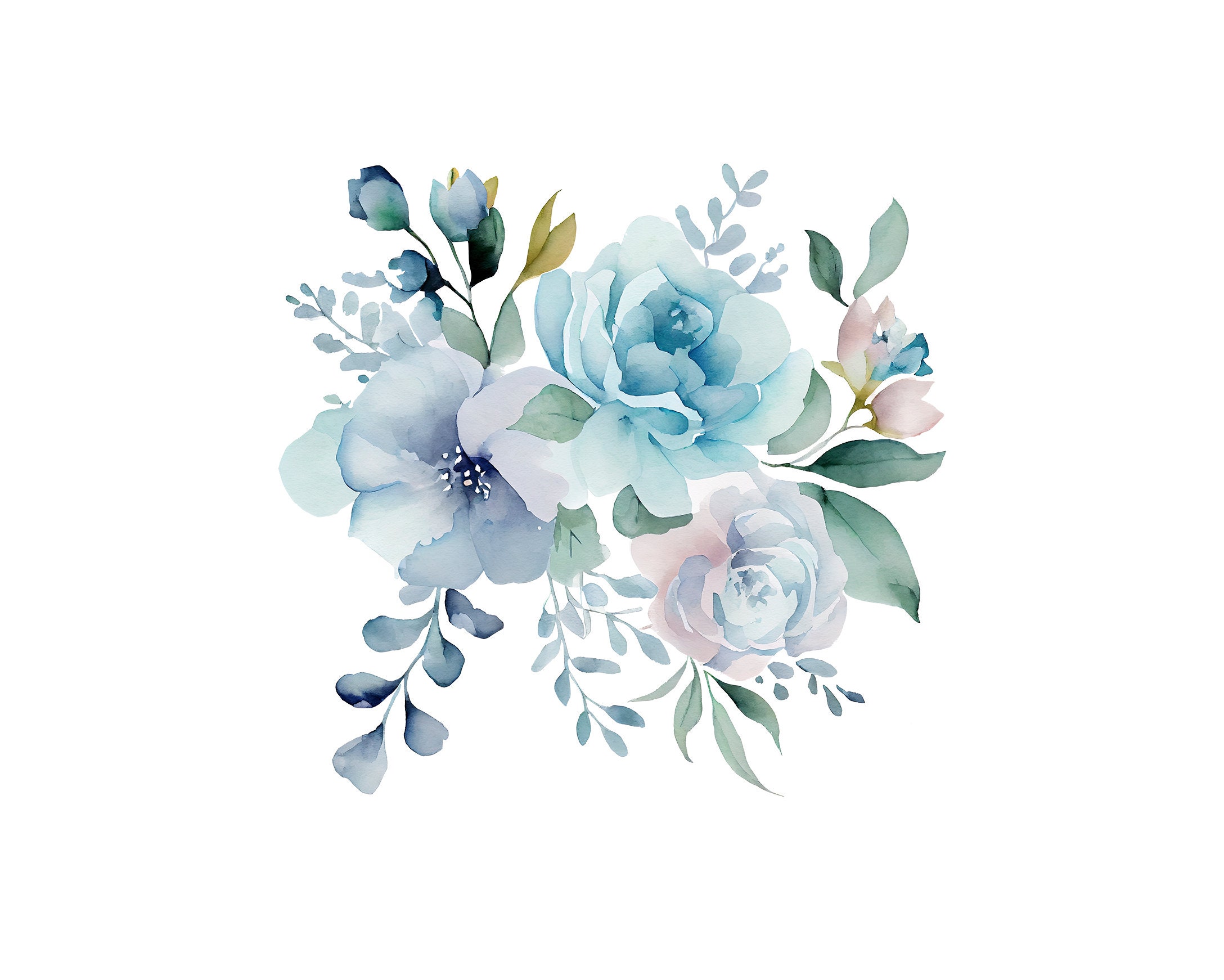 Dusty Blue Floral Clipart Watercolor Floral Clipart Roses - Etsy