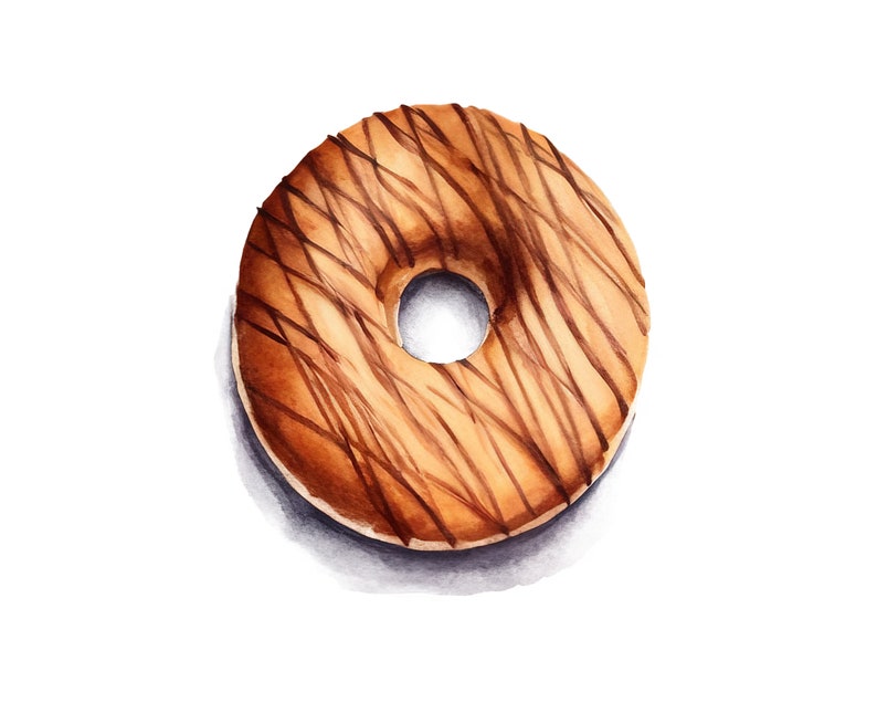 May include: A single donut with a brown glaze and chocolate drizzle on top. The donut is isolated on a white background.