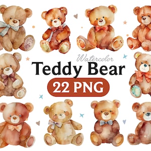 Watercolor Teddy Bear Clipart: Baby Shower PNG Set (Digital Download)
