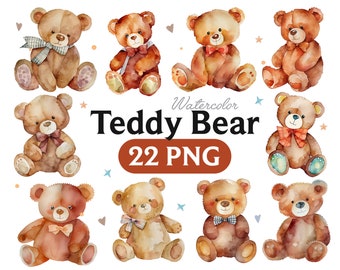 Akwarelowy Miś Klipart: Zestaw PNG na Baby Shower (Pobieranie Cyfrowe)