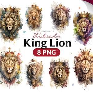 Clipart de leão rei, leão aquarela, clipart de leão, PNG de leão, clipart de leão, arte de leão, rei leão, digital, animal