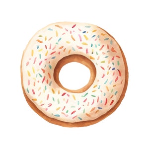 May include: A white frosted donut with colorful sprinkles.