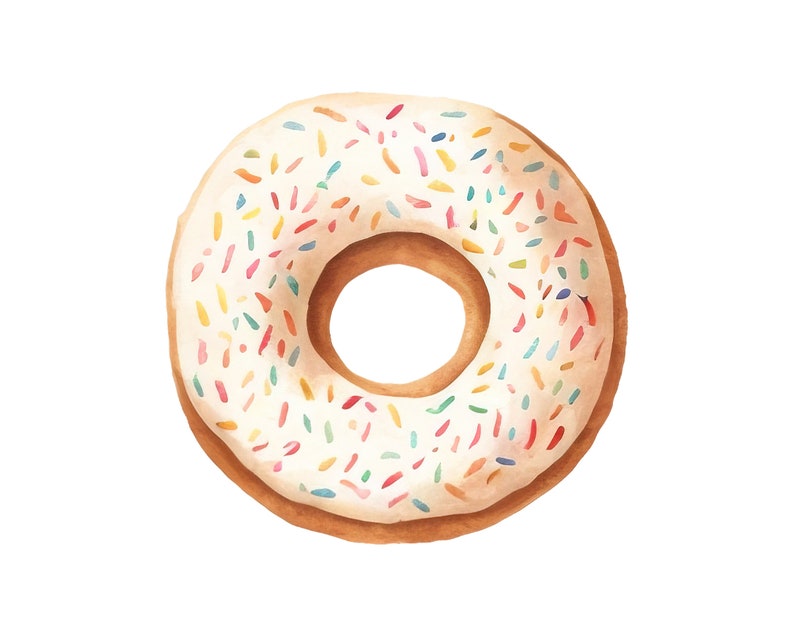 May include: A white frosted donut with colorful sprinkles.