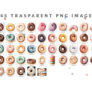 May include: 45 watercolor illustrations of donuts in various colors and designs. The donuts are arranged in a grid pattern.