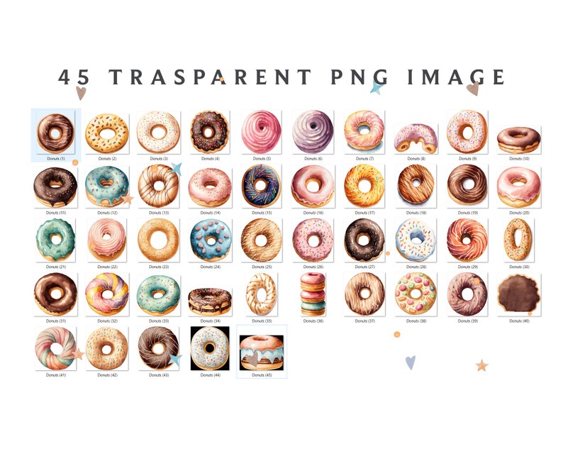 May include: 45 watercolor illustrations of donuts in various colors and designs. The donuts are arranged in a grid pattern.