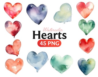 Watercolor Heart Clipart: 45 Love Heart PNGs (Instant Download)