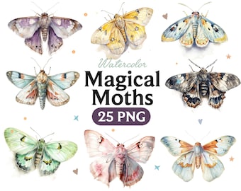 Watercolor Magical Moths Clipart: Fantasy Witchcraft PNG Bundle (25 Files)