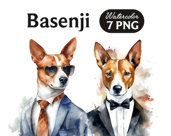 Basenji watercolor, PNG, Basenji Clipart, Dog, Basenji wearing a vest, Basenji wears super cool glasses