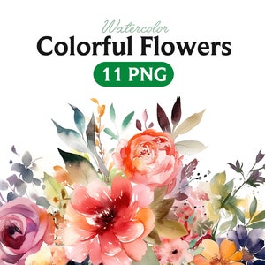 Fleurs colorées PNG, aquarelle fleur Clipart, fleurs colorées Bundle Illustrations, téléchargement immédiat, Png numérique