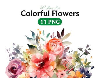 Colorful Flowers PNG, Watercolor Flower Clipart, Colorful Flowers Bundle Illustrations, Instant Download, Digital Png