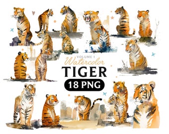 Clipart de tigre en acuarela: 18 imágenes PNG de animales (descarga digital)