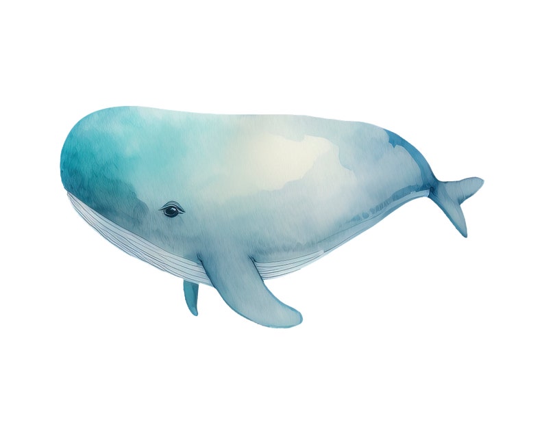 Pode incluir: Uma pintura em aquarela de uma baleine azul com um degrad&ecirc; de azul claro e branco. A baleia est&aacute; nadando para a direita e tem um olho pequeno.