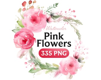 Watercolor Pink Flower Clipart: 335 PNG Floral Illustrations (Digital Download)