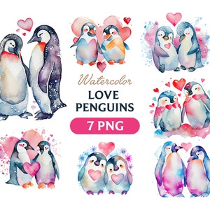 Pingüinos de acuarela, imágenes prediseñadas de pingüinos, pingüinos de amor PNG, arte de pingüinos, pingüinos, pingüinos digitales, amor, día de San Valentín