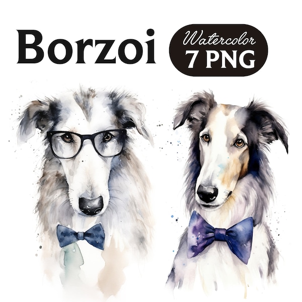 Borzoi watercolor, PNG, Borzoi Clipart, Dog, Borzoi wearing a vest, Borzoi wears super cool glasses