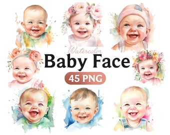 Watercolor Baby Face Clipart: 45 PNG Images (Digital Download)