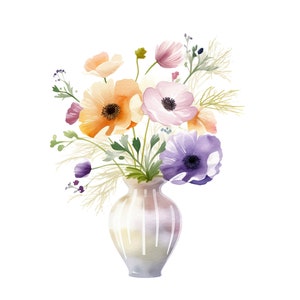 May include: A watercolour illustration of a vase with colourful flowers. The flowers include orange, pink, and purple anemones, with green foliage and delicate stems. The vase is white with vertical stripes.