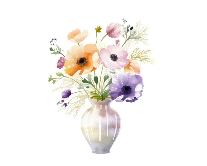May include: A watercolour illustration of a vase with colourful flowers. The flowers include orange, pink, and purple anemones, with green foliage and delicate stems. The vase is white with vertical stripes.