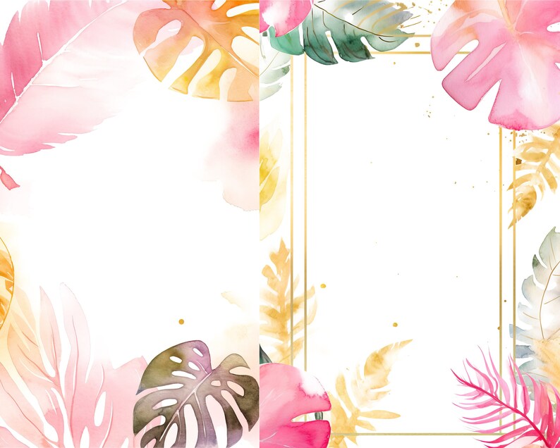 Tropical Pink and Gold Leaf Frame on White Background - Etsy