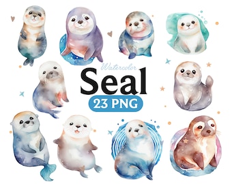 Seal Watercolor Clipart, Baby Shower Nursery Decor (23 PNG) (Digital Download)