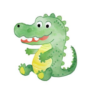 May include: A watercolor illustration of a green crocodile with a yellow belly, sitting with a big smile. The crocodile has a green tail and a spiky back.