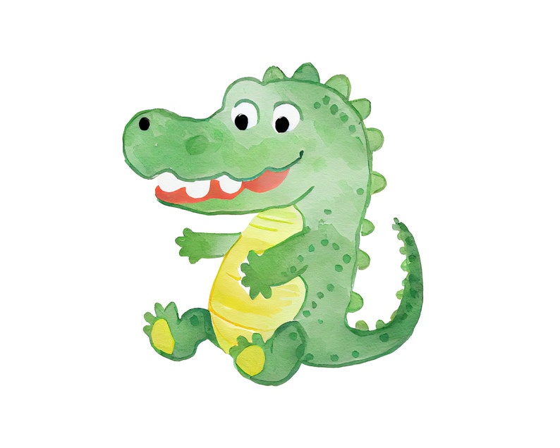 May include: A watercolor illustration of a green crocodile with a yellow belly, sitting with a big smile. The crocodile has a green tail and a spiky back.