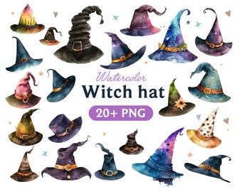 Watercolor Witch Hat Clipart: 21 PNG Images (Digital Download)