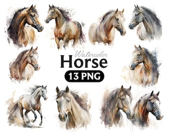 May include: A set of 13 watercolor paintings of horses in various poses. The horses are depicted in shades of brown, white, and gray, with splashes of color in the background. The text "Watercolor Horse 13 PNG" is displayed below the images.