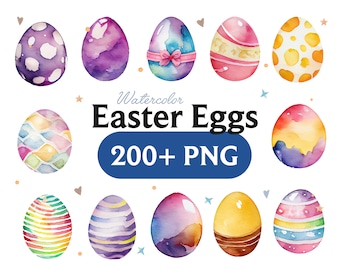 May include: A collection of watercolor Easter eggs in various colors and patterns, including polka dots, stripes, and geometric designs. The text "Watercolor Easter Eggs 200+ PNG" is displayed below the eggs.