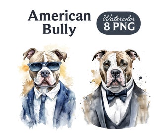 American Bully watercolor, PNG, American Bully Clipart, Dog, American Bully wearing a vest, American Bully wears super cool glasses