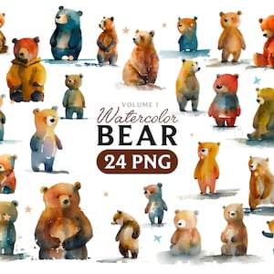 Watercolor Bear Clipart: 24 Animal PNG Images (Digital Download)