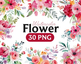 Flowers PNG, Watercolor Flower Clipart, Pink Flowers Bundle Illustrations, Instant Download, Digital Png
