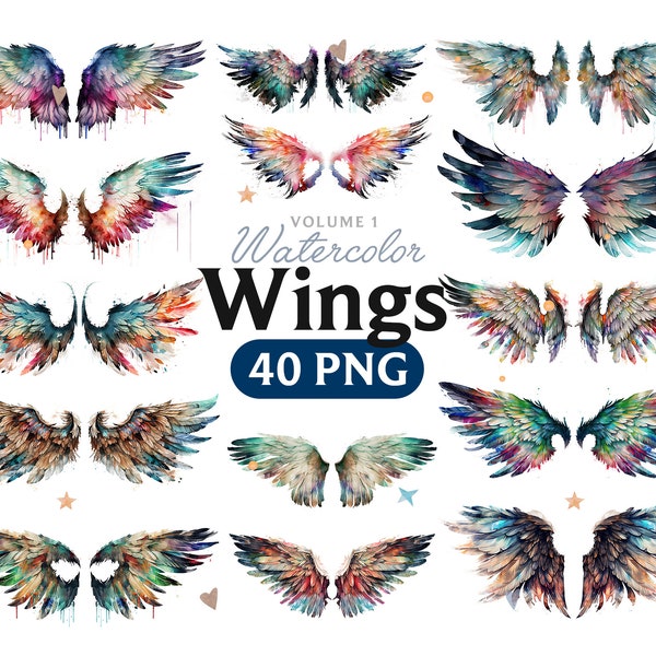 Angel's Wings Watercolor Clipart Set, Wings clipart, Wings PNG, colorful Wings, Wings art, bird feather, Wings, Wing, digital, Volume 1