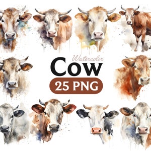 Cow Watercolor, Cow Clipart PNG Bundle, Watercolor Clipart PNG Files, Cow Clipart Digital File