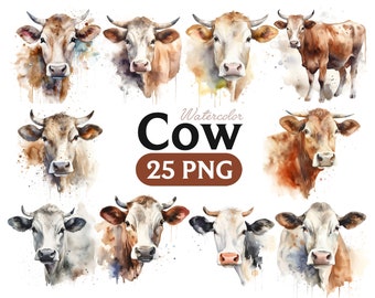 Cow Watercolor, Cow Clipart PNG Bundle, Watercolor Clipart PNG Files, Cow Clipart Digital File