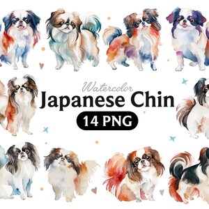 Op de afbeelding: Waterverf illustraties van 14 Japanse Chin honden in verschillende poses. De honden zijn geschilderd in tinten wit, bruin, zwart en rood. De tekst "Watercolor Japanese Chin 14 PNG" is geschreven in zwarte letters op een witte achtergrond.
