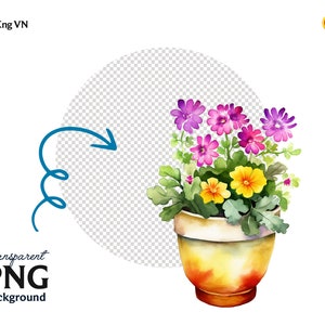 May include: A watercolor painting of a potted plant with purple and yellow flowers. The pot is a light brown color with a yellow and orange glaze.
