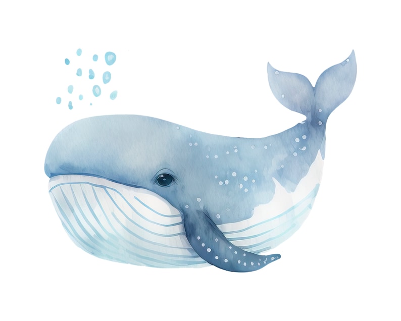Pode incluir: Uma pintura em aquarela de uma baleia azul com barriga branca e cauda azul claro. A baleia est&aacute; cercada por pequenos c&iacute;rculos azuis, que parecem bolhas.