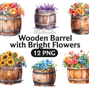 Aquarell Blumenfass, Holzfass mit hellen Blumen, Blumenfass Clipart PNG