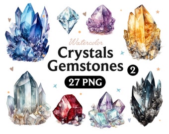 May include: Watercolor illustration of 27 PNG images of various crystals and gemstones. The crystals are in different colors, including blue, purple, yellow, red, and black. The image includes the text "Watercolor Crystals Gemstones 2 27 PNG".