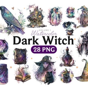 Peut inclure: Un ensemble de 28 illustrations &agrave; l'aquarelle sur le th&egrave;me des sorci&egrave;res noires. Les illustrations comprennent une sorci&egrave;re, un chaudron, un corbeau, une fiole de potion, un grimoire, une boule de cristal, un chapeau et une maison. Les illustrations sont dans des tons de violet, bleu et vert.