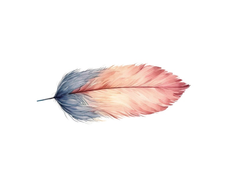 K&ouml;nnte beinhalten: Eine einzelne Aquarellfeder mit einem Farbverlauf von Blau und Rosa. Die Feder ist auf wei&szlig;em Hintergrund isoliert.