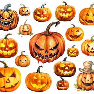 Pu&ograve; includere: Una collezione di 15 zucche arancioni e gialle a forma di jack-o'-lantern con diverse espressioni facciali. Le zucche sono dipinte in stile acquerello e hanno una variet&agrave; di dimensioni e forme.