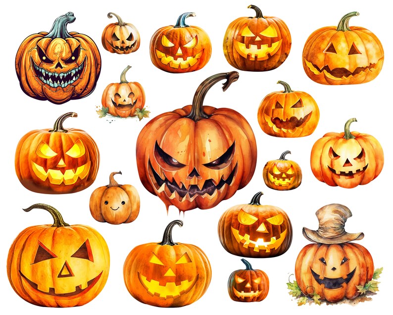 Pu&ograve; includere: Una collezione di 15 zucche arancioni e gialle a forma di jack-o'-lantern con diverse espressioni facciali. Le zucche sono dipinte in stile acquerello e hanno una variet&agrave; di dimensioni e forme.