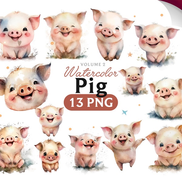 Cute Pig, Watercolor Pig, Pig  clipart, Pig  PNG, Pig  clipart, Pig  art, Pig, digital, animal, Volume 2.