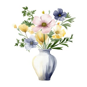 May include: Watercolour illustration of a floral bouquet in a white vase. The flowers are in shades of pink, yellow, and blue, with green foliage. The vase is white with blue detailing.