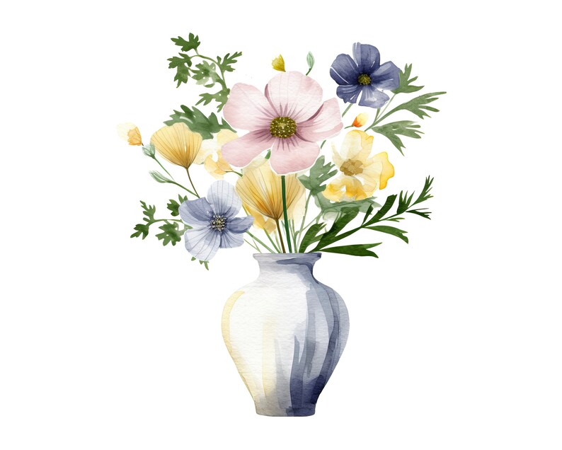 May include: Watercolour illustration of a floral bouquet in a white vase. The flowers are in shades of pink, yellow, and blue, with green foliage. The vase is white with blue detailing.