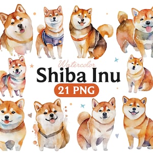 Shiba Inu Watercolor Clipart: 21 PNG Puppy Graphics (Digital Download)