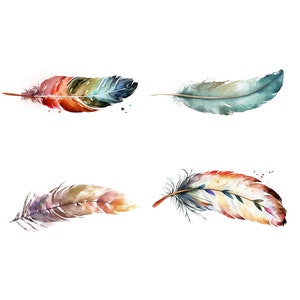 May include: Four watercolor painted feathers in various colors, including red, blue, green, yellow, and brown. The feathers are isolated on a white background.