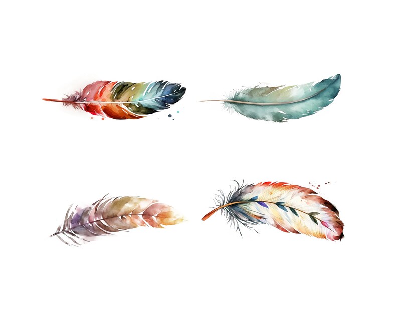 May include: Four watercolor painted feathers in various colors, including red, blue, green, yellow, and brown. The feathers are isolated on a white background.